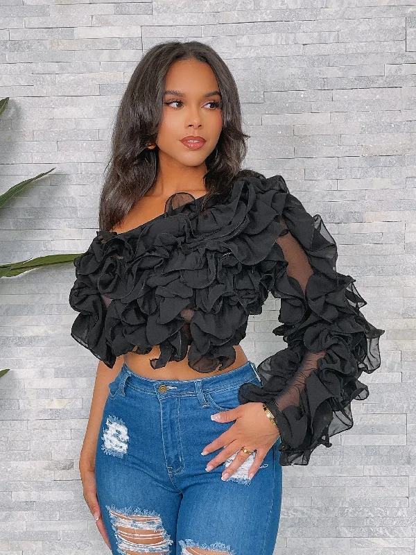 HT1141P-Ruffled One Shoulder Crop Top Hooded Caped Shawl Collar