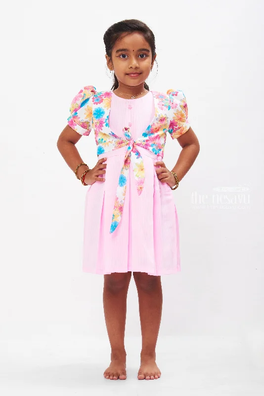Blossom-Adorned Pink Checkered Cotton Frock with Jacket for Girls Nylon Fabric Polyester Fabric Spandex Fabric