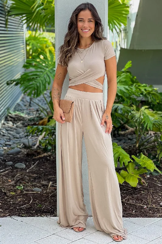 Dusty Taupe Criss Cross Crop Top And Pants Set Silk Blend Satin Velvet