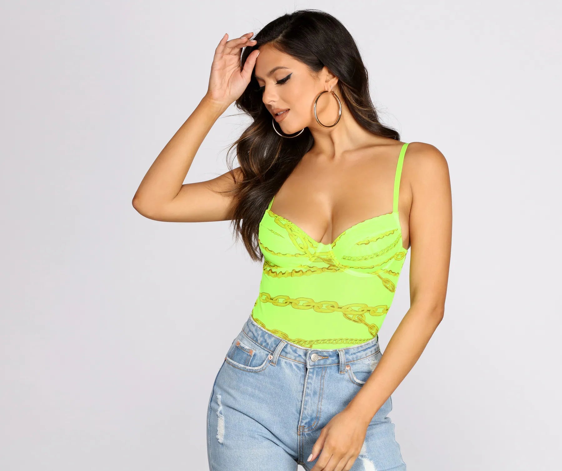 Chain Print Mesh Bodysuit Comfortable Printed Bodysuit
