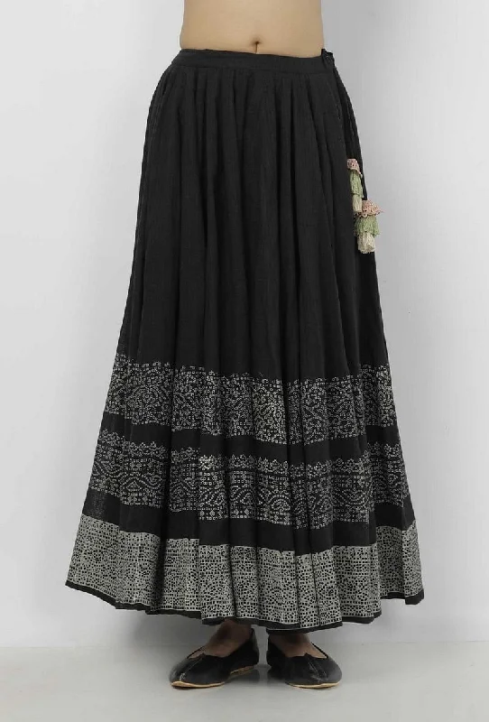 Kaani Black and White Tri Pattern Hand-Block Printed Tasseled Kota Skirt lace skirt intricate