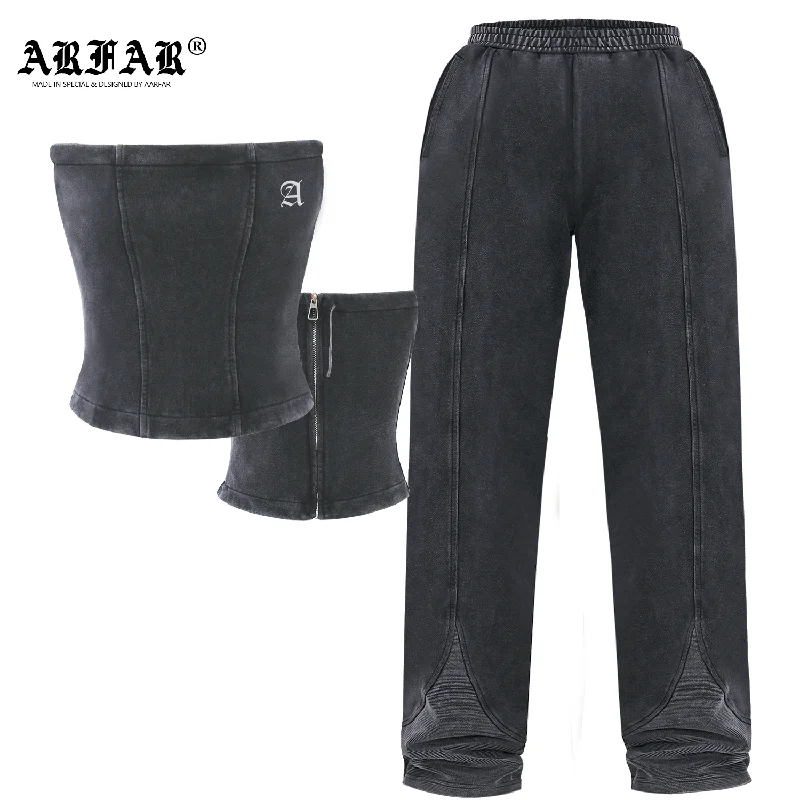 100% Cotton Acid Wash Tube Top Bodysuit And Straight Tube Wide Leg Sweatpants Set For Women Stylish Mock Neck Bodysuit