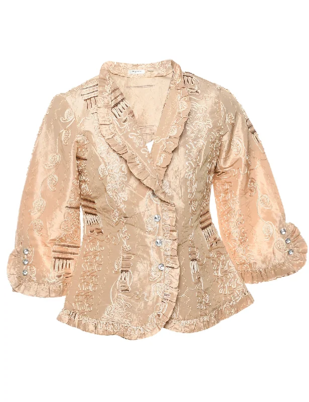 Embroidered Gold Metallic Evening Jacket - S Zippered Jacket Buttoned Jacket Snapped Jacket