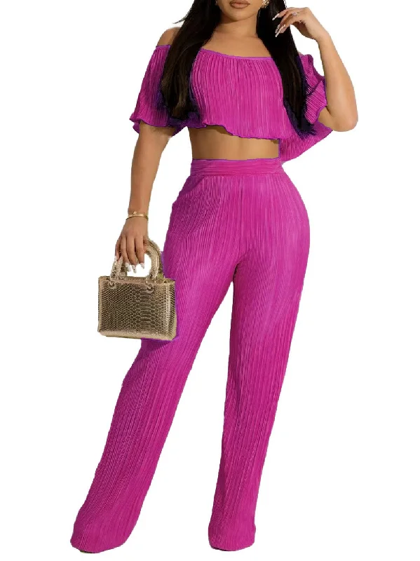 Two Piece Pleated Crop Tops & Pants Notch Collar Peter Pan Collar Cowl Neck