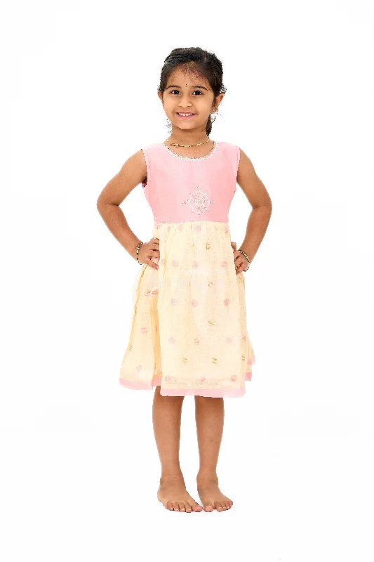 Pink and Beige Chanderi Cotton Frock for Girls with Gold Embroidery and Polka Dot Skirt silk skirt lustrous