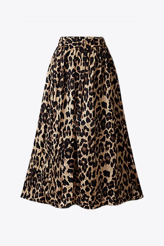 Plus Size Leopard Elastic Waist Midi Skirt linen skirt light