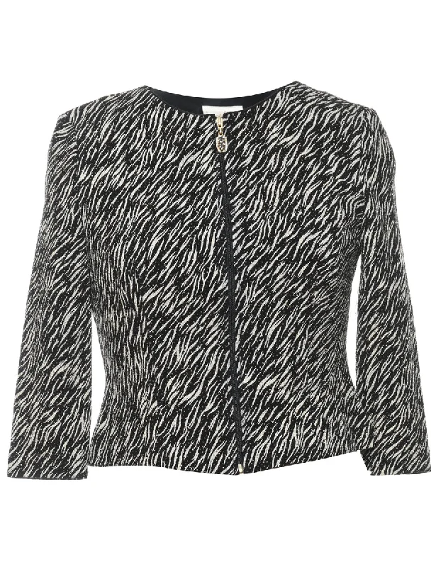 Black & White Zebra Print Sparkly Evening Jacket - S V-Neck Jacket Boat Neck Jacket Square Neck Jacket