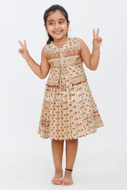 Cream SemiSilk Cotton Frock with Designer Print and Jacket for Girls Bomber Jacket Anorak Windbreaker