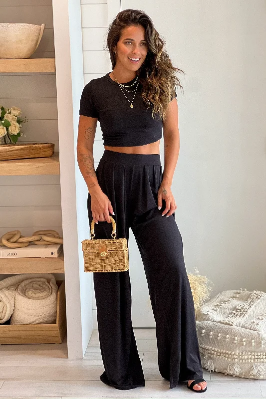 Black Crop Top And Pants Set Chenille Blend Fleece Blend Nylon Blend