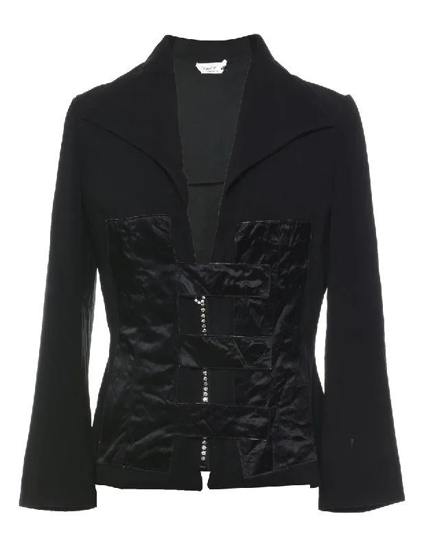 Black Silky Embellished Evening Jacket - M Notch Collar Jacket Peter Pan Collar Jacket Cowl Neck Jacket