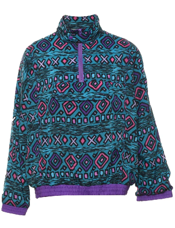 Geometric Pattern 1990s Multi-Colour Nylon Jacket - S Notch Collar Jacket Peter Pan Collar Jacket Cowl Neck Jacket