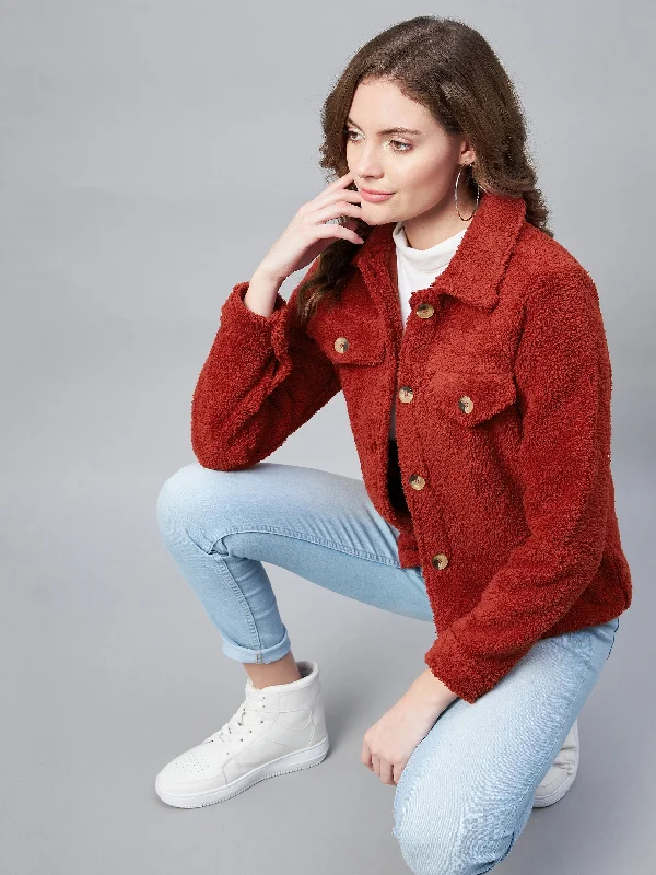 Women's Red Fleece Casual Winter Jacket - StyleStone Boat Neck Shawl Collar Notched Collar