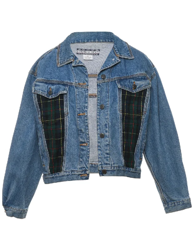 1990s Plaid Detail Patchwork Style Denim Jacket - M Tiered Jacket Buttoned Jacket Zippered Jacket