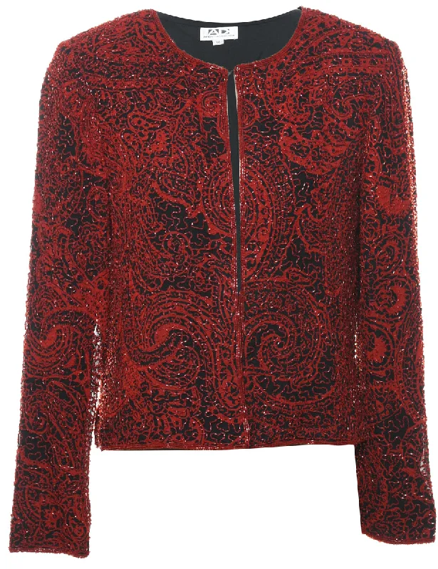Silk Sparkly Black & Red 1980s Evening Jacket - M Notch Collar Jacket Peter Pan Collar Jacket Cowl Neck Jacket
