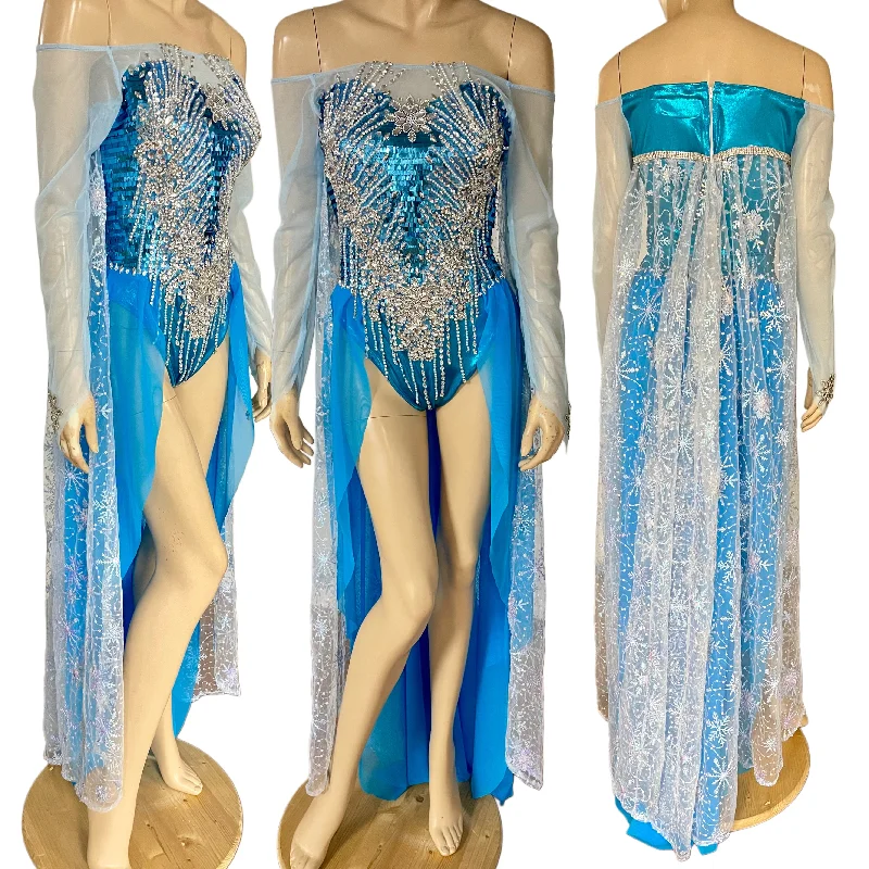 Princess Elsa Inspired Bodysuit Dress with Train and Attached Cape Elegant Sheer Bodysuit