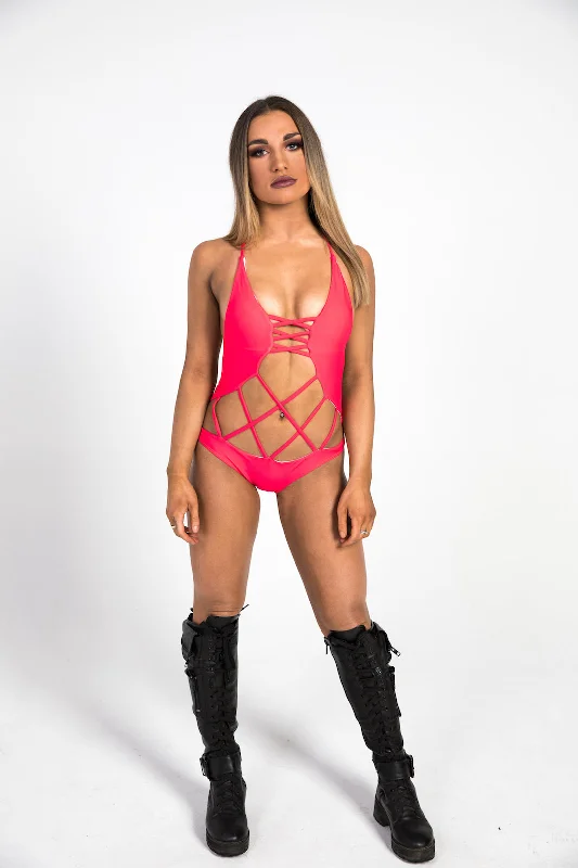 Red Cutout Bodysuit Comfortable Lace Bodysuit Top