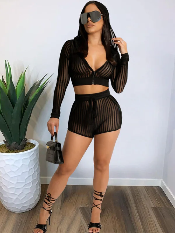 Two Piece Mesh Crop Top Shorts Outfits Anti-Shrink Durable Soft