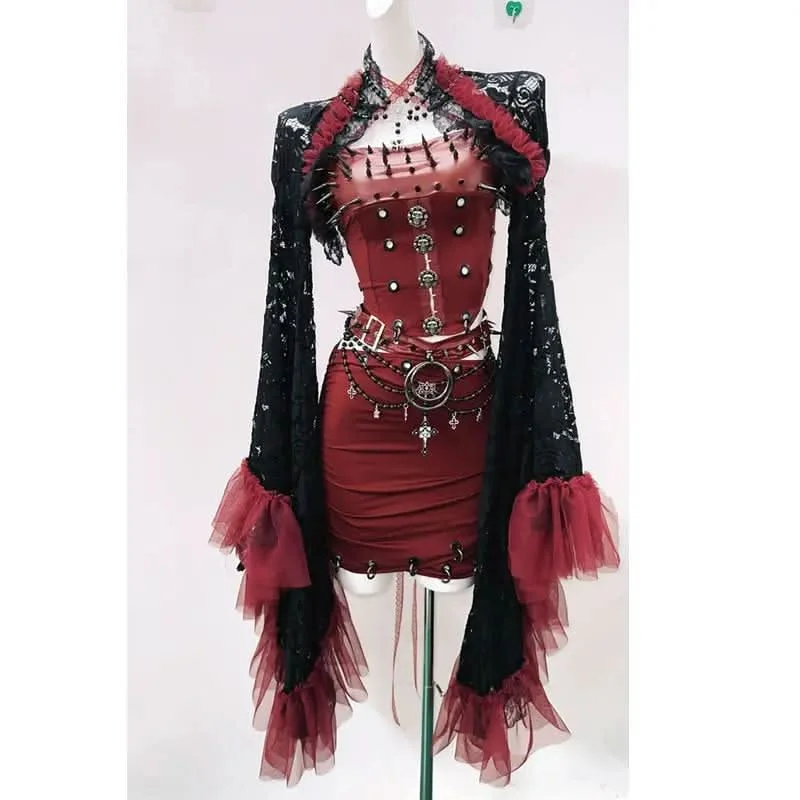 Long flared sleeve PU leather rivet metal chain shrug 3 piece mini skirt set cashmere skirt soft