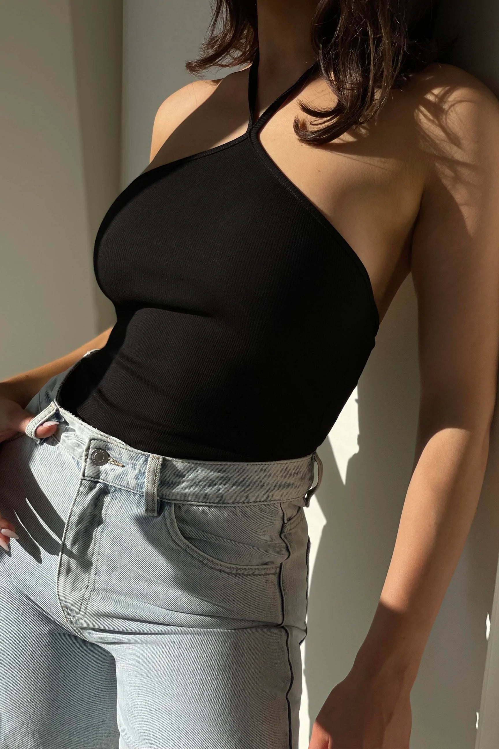 ARDEN Halter Neck Ribbed Bodysuit Fashionable Bodysuit with Button Front