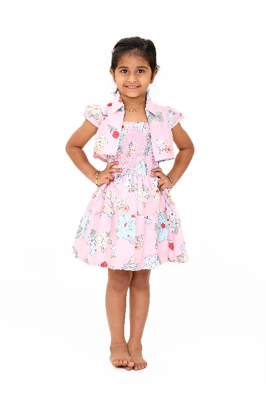 Lovely Girls Jacket Ethnic Dress with Pink Floral Patterns and Detachable Jacket Front Pockets Side Pockets Patch Pockets