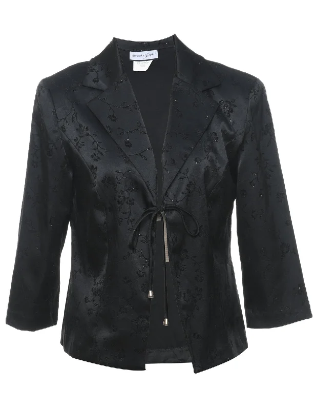 Floral Pattern Black Sparkly Evening Jacket - M Toggled Jacket Drawstring Jacket Belted Jacket