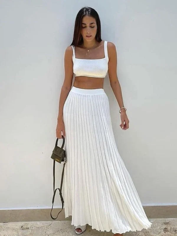 Blue Zone Planet |  Lee's Elegant Sleeveless Knitted Crop Top & Pleated Maxi Skirt Set Striped Floral Plaid