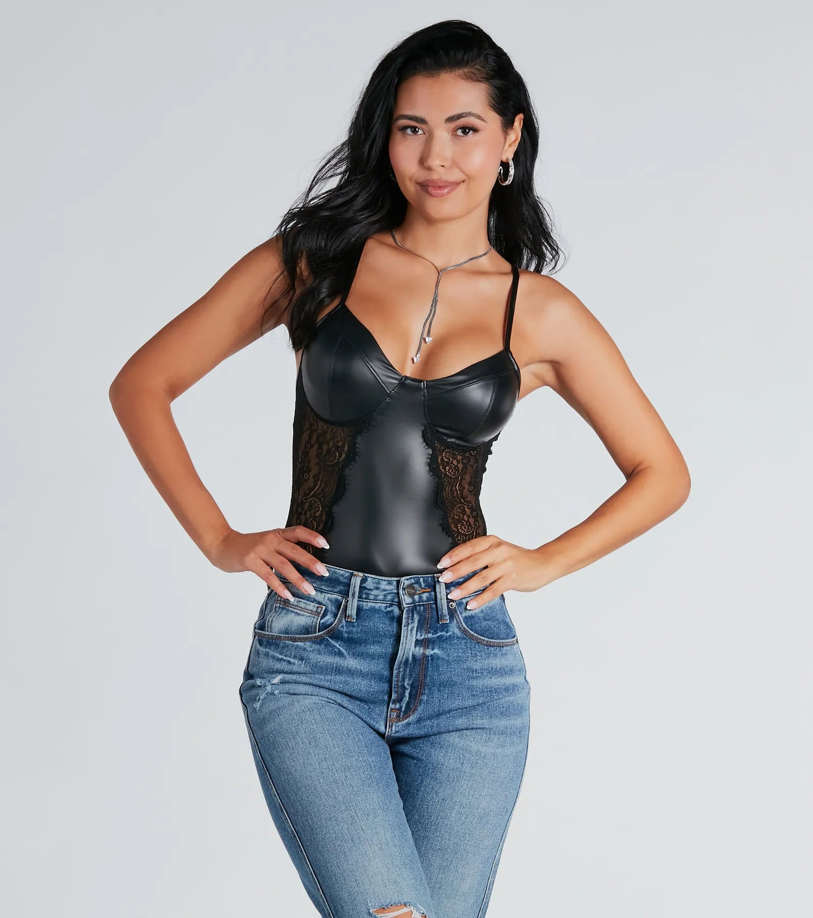 Stunning Allure Lace And Faux Leather Bodysuit Elegant Button-Up Bodysuit