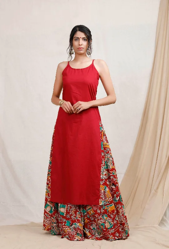 Set of 2: Red Cotton Slip and Cotton Kalamkari Skirt corduroy skirt comfortable