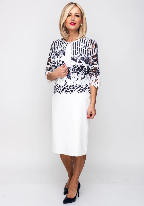 Camelot Laser Cut Lace Dress & Jacket, White Ribbed Jacket Pleated Jacket Ruffled Jacket