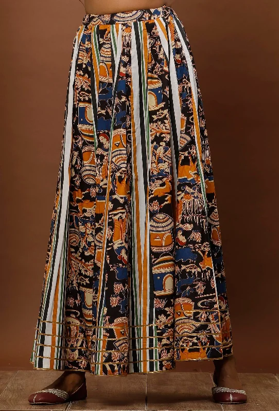 White Striped & Black Kalamkari Flared Cotton Skirt chiffon skirt flowing
