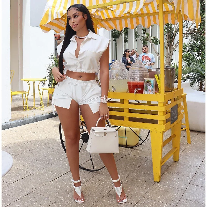 Two Piece Sleeveless Crop Tops & Shorts Zippered Front Buttoned Front Snap Front