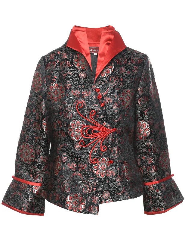 Brocade Design Black & Red Metallic Evening Jacket - L Hoodie Zip-Up Jacket Button-Up Jacket