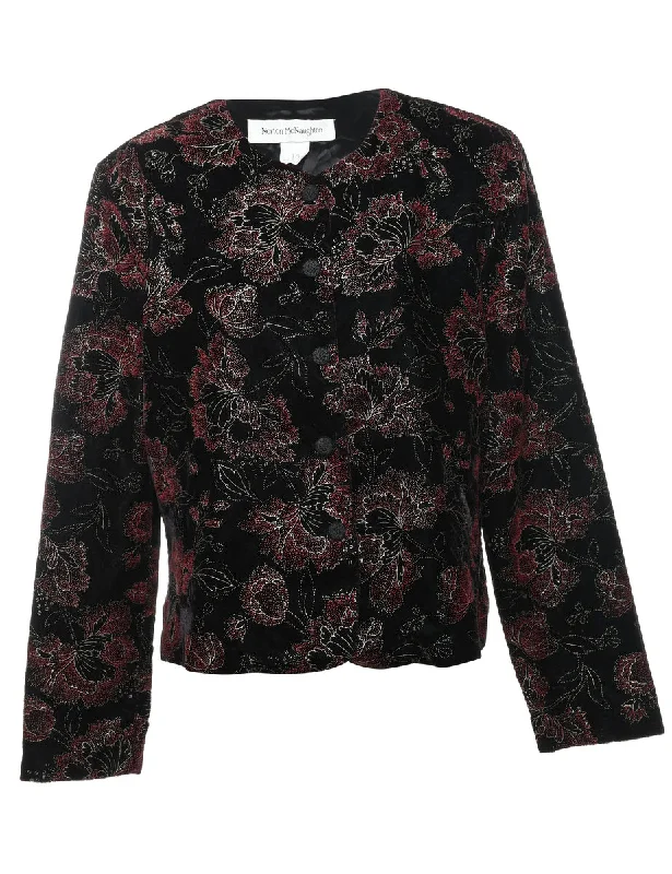 Floral Pattern Black & Silver Sparkly Velvet Evening Jacket - L Cardigan Sweater Pullover