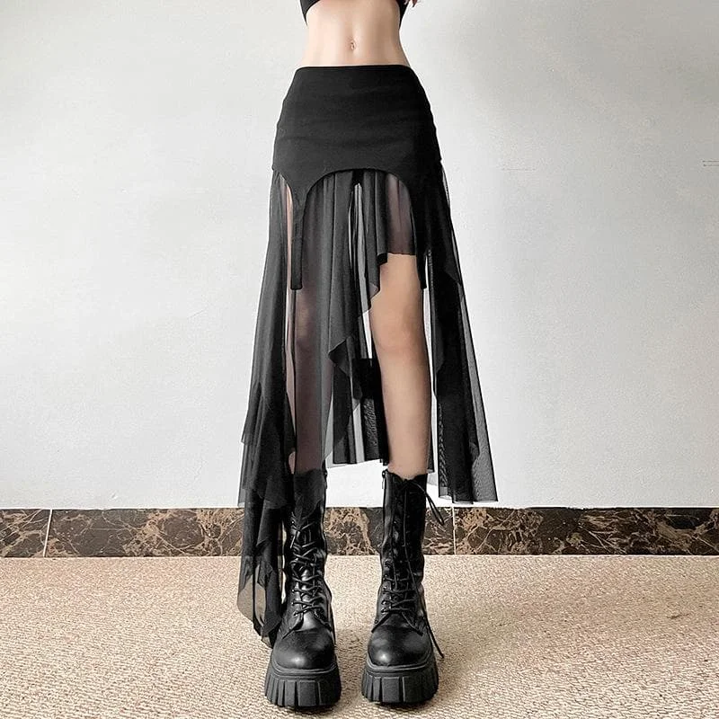 Mesh patchwork irregular midi skirt chiffon skirt flowing