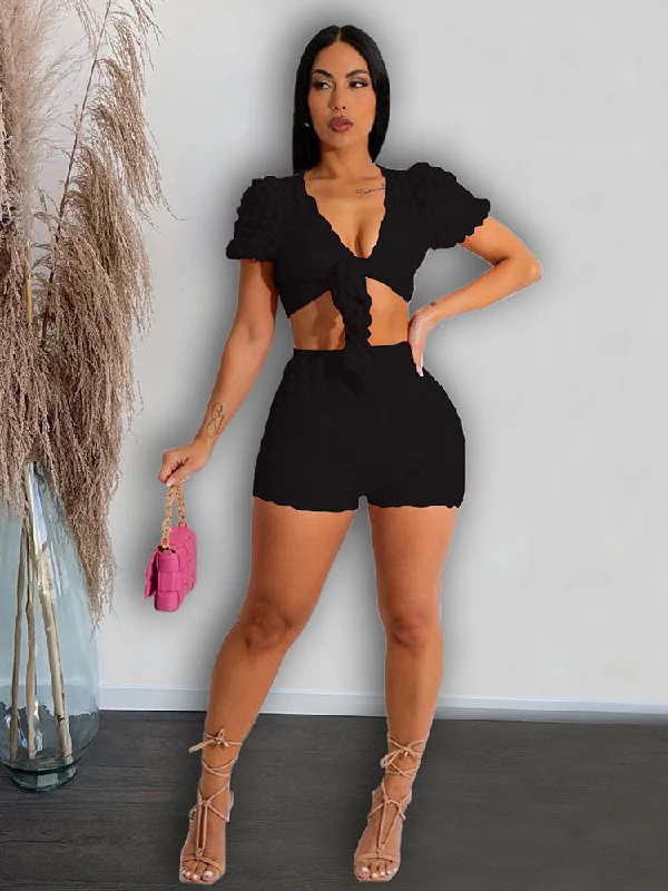 V Neck Tie Up Crop Top & Bodycon Shorts Jersey Fabric Tulle Fabric Batik Fabric