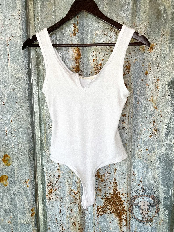 Savannah Bodysuit White Comfortable Bodysuit with Deep V