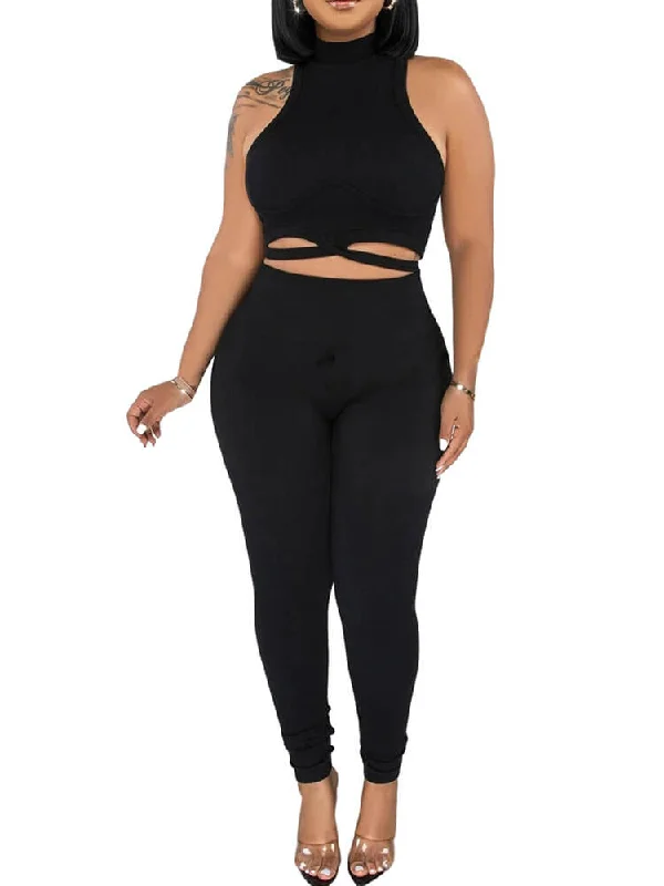 Two Piece Sleeveless Crop Tops & Bodcyon Pants Mesh Fabric Canvas Fabric Denim Fabric