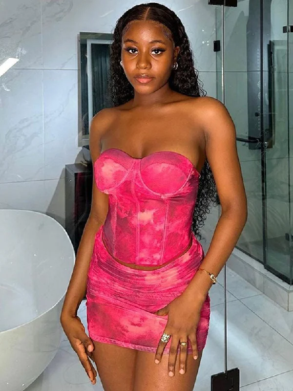 Bustier Crop Top Printed Mini Skirt Set Front Pockets Side Pockets Patch Pockets