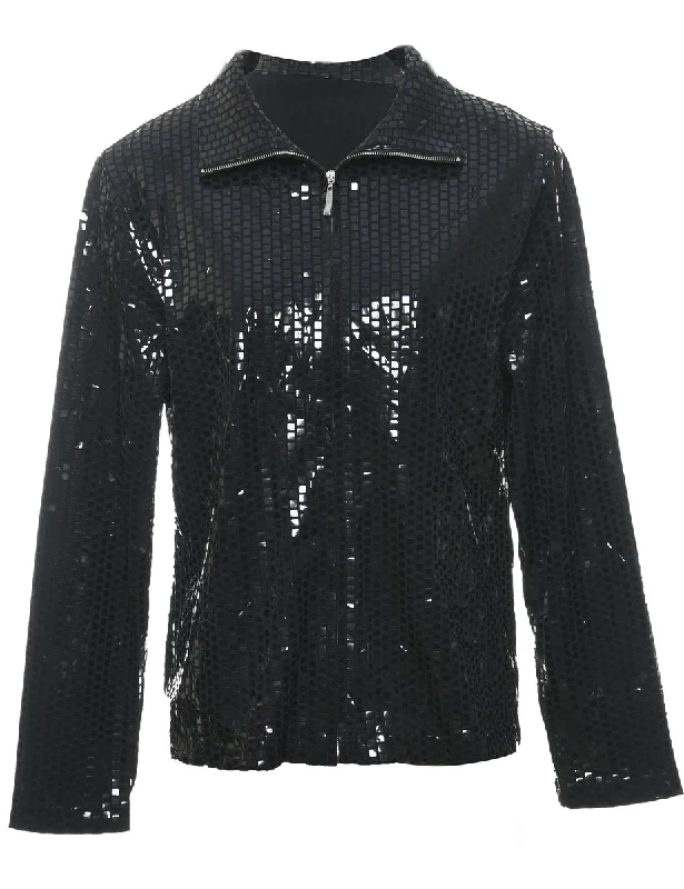 Black Sequined Zip-Front 1990s Evening Jacket - L Fitted Jacket Loose Jacket Oversized Jacket