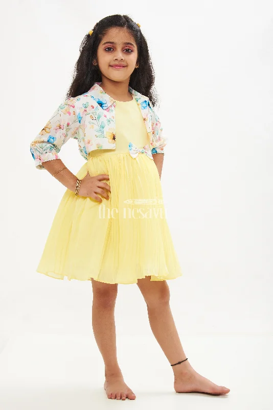 Yellow Georgette Pleated Frock with Floral Jacket for Girls Mesh Jacket Canvas Jacket Denim Jacket
