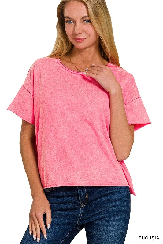 ACID WASH RAW EDGE SHORT SLEEVE CROP TOP in FUCHSIA Houndstooth Herringbone Solid