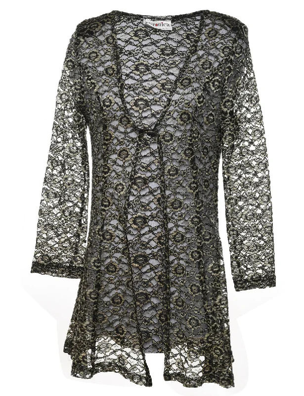 Floral Design Black & Gold Lace Jacket - S Fleece Fabric Down Fabric Feather Fabric