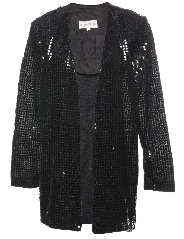 Black Sequined Evening Jacket  - M Satin Fabric Silk Fabric Chiffon Fabric