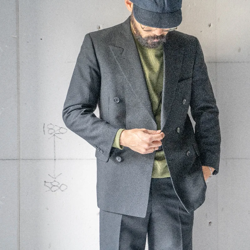 1980s Japan vintage black color poly × wool double breasted tailored jacket Mesh Jacket Canvas Jacket Denim Jacket