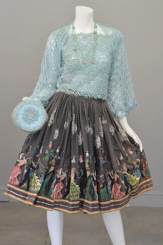 1950s Novelty Print Skirt Ballroom Scene Vintage Skirt Pinup velvet skirt glossy