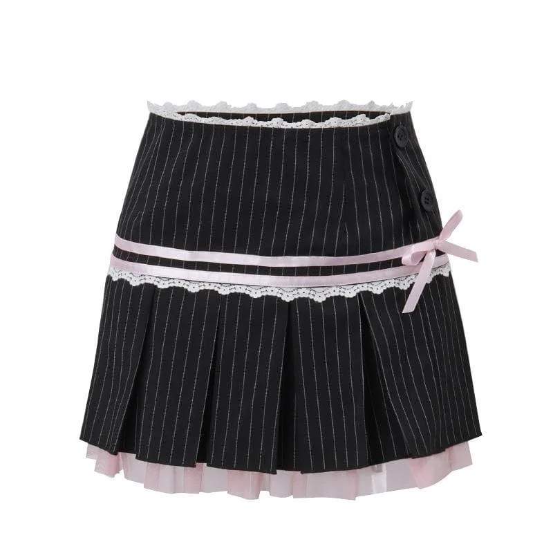 Pleated striped button lace hem bowknot stitch mini skirt spandex blend skirt