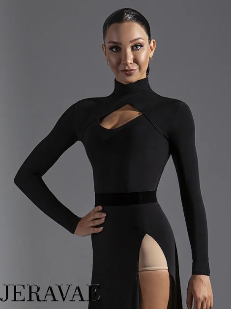 Long Sleeve High Neck Practice Top with Keyhole Cutout and Tuck Out Style (No Bodysuit Attached) Available in Red or Black PRA 582 Trendy Mesh Bodysuit