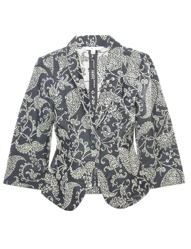 Paisley Pattern Black Cropped Tapestry Jacket - M Knit Fabric Woven Fabric Fleece Fabric