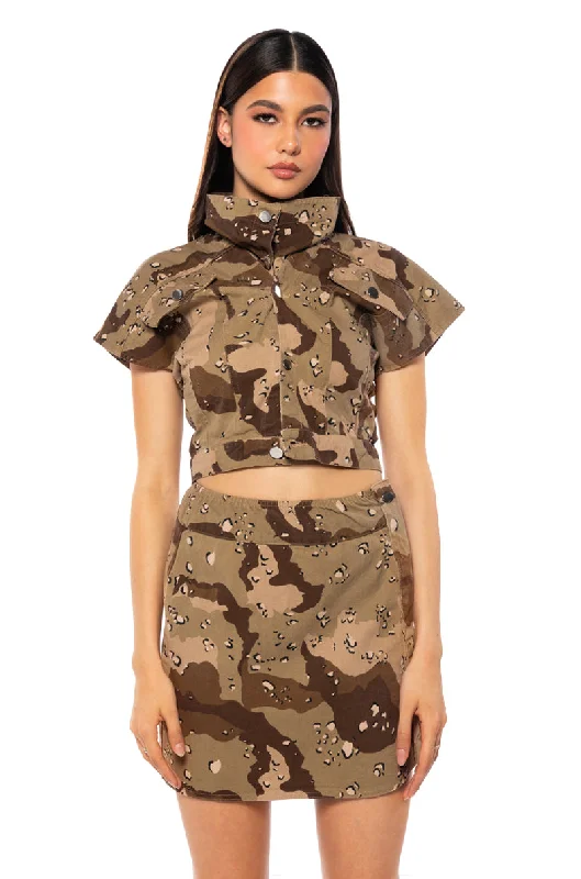 WE RIDE CAMO BUTTON DOWN AND MINI SKIRT SET IN BROWN corduroy skirt durable