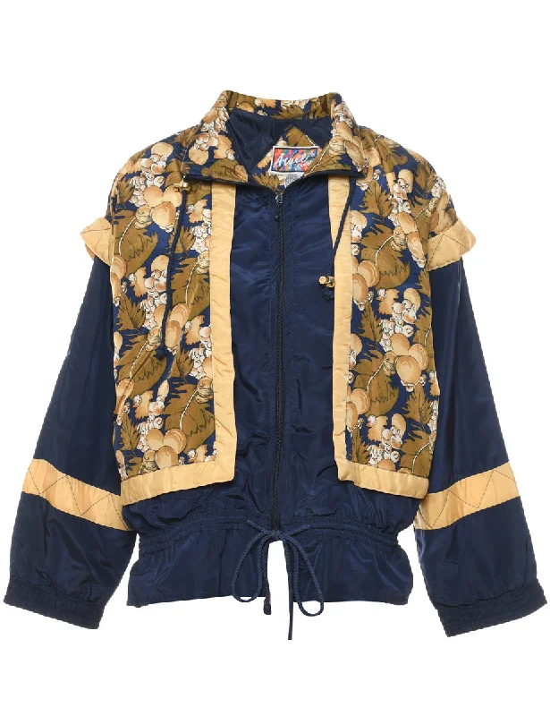 Navy Leafy Print Zip-Front Nylon Jacket - S Front Pockets Side Pockets Patch Pockets